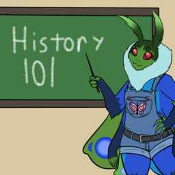 Lis pointing to a chalk board that says 'HISTORY 101'