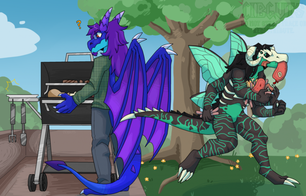 Two Dragons at a grill, one eating raw meat
