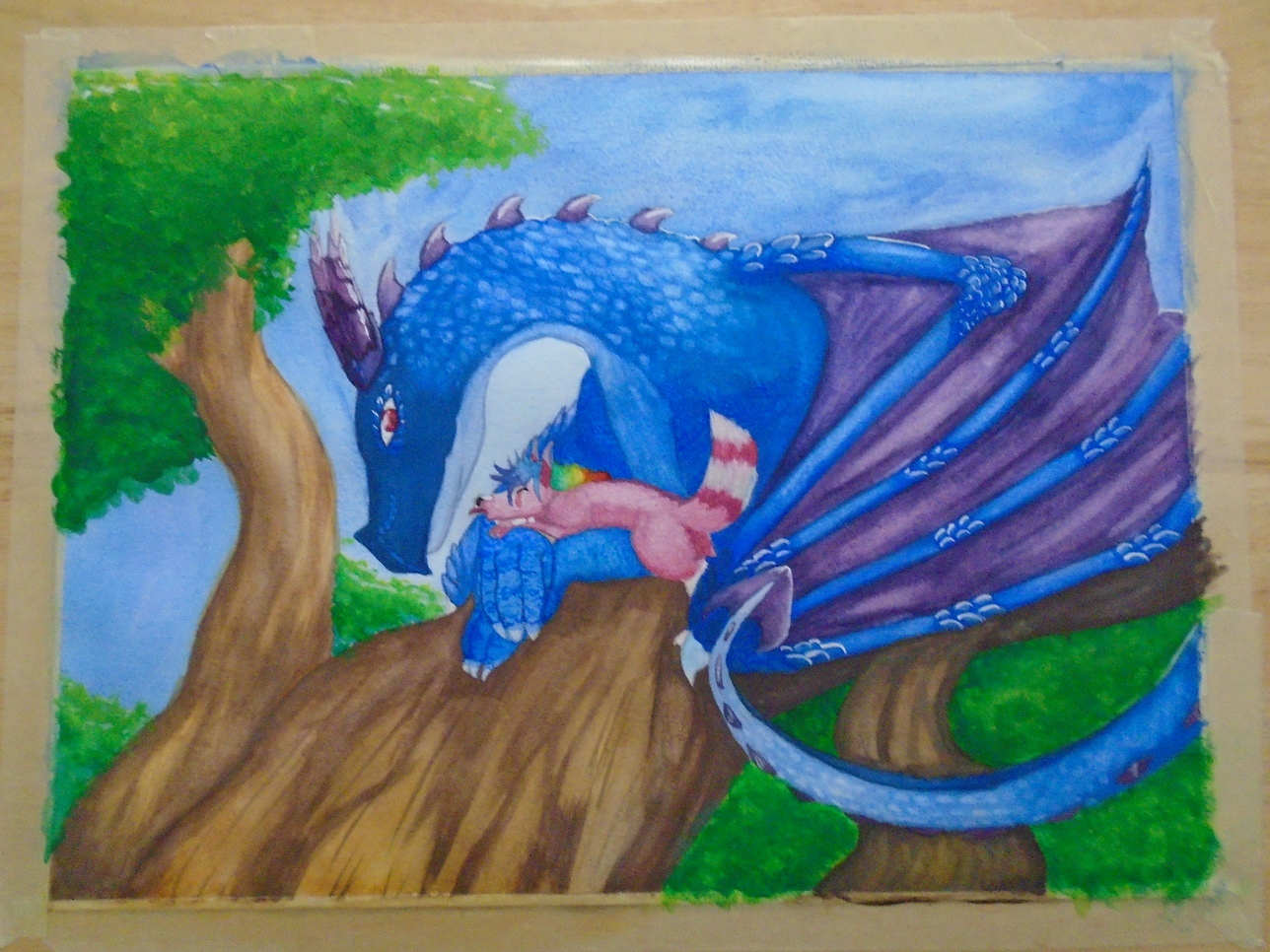 Pink creature laying on Dragon laying on tree branch