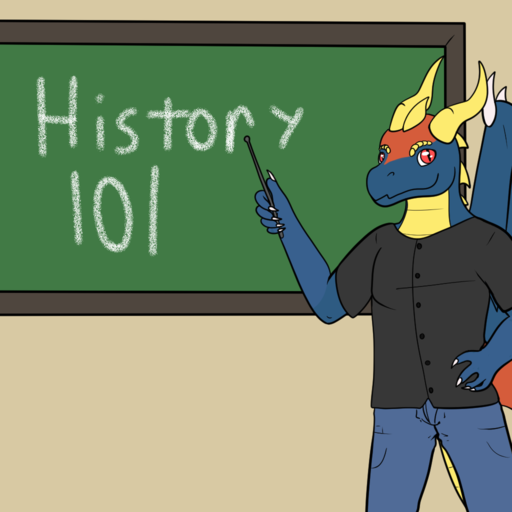 Reven pointing to a chalk board that says 'HISTORY 101'