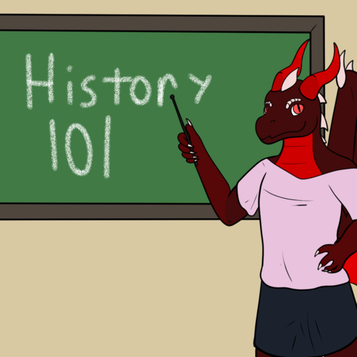 roxy pointing to a chalk board that says 'HISTORY 101'